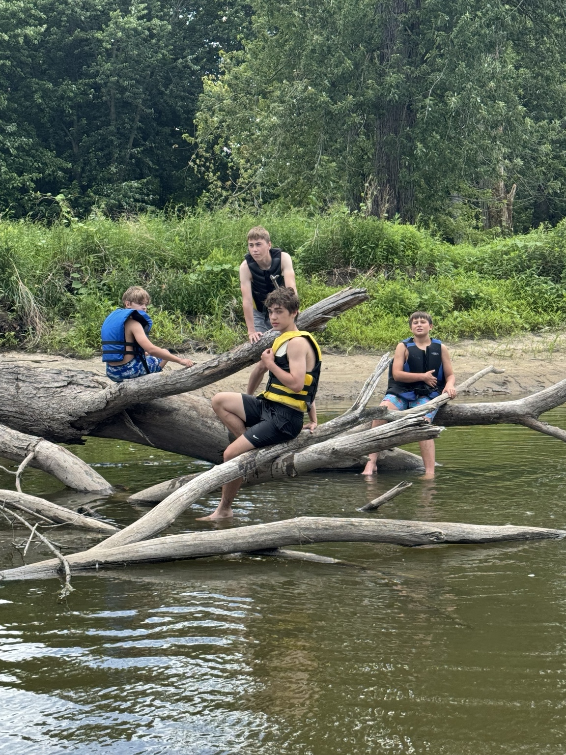 Original river photo of four boys sitting on driftwood