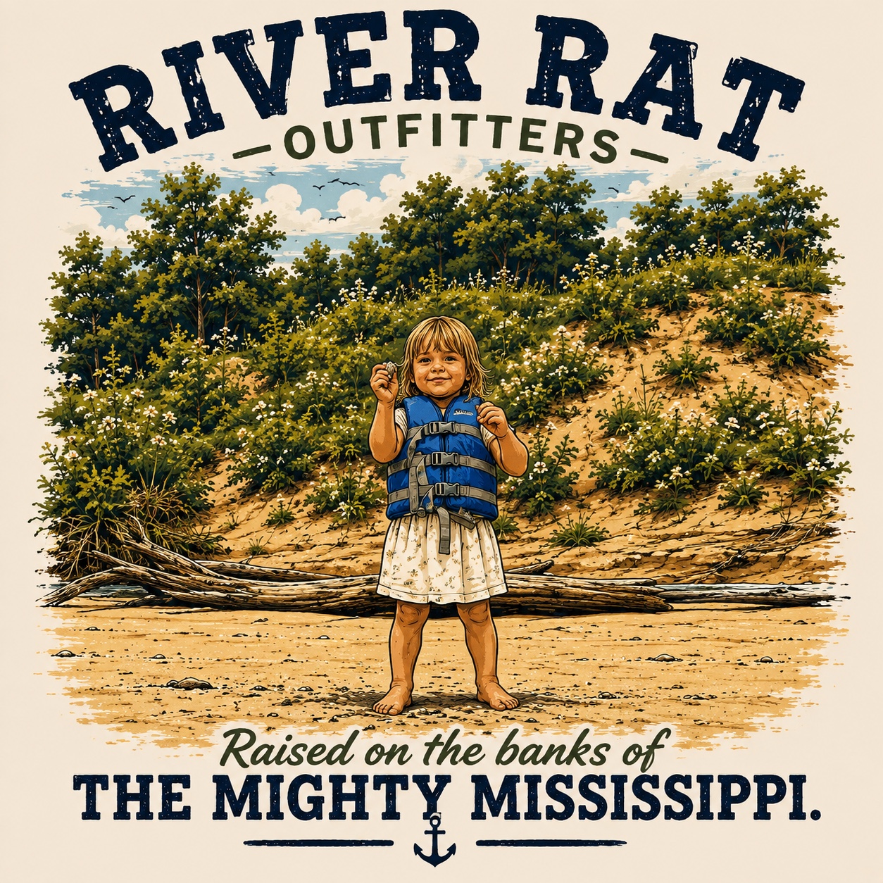 Finished illustrated River Rat Outfitters artwork created from the riverbank photo
