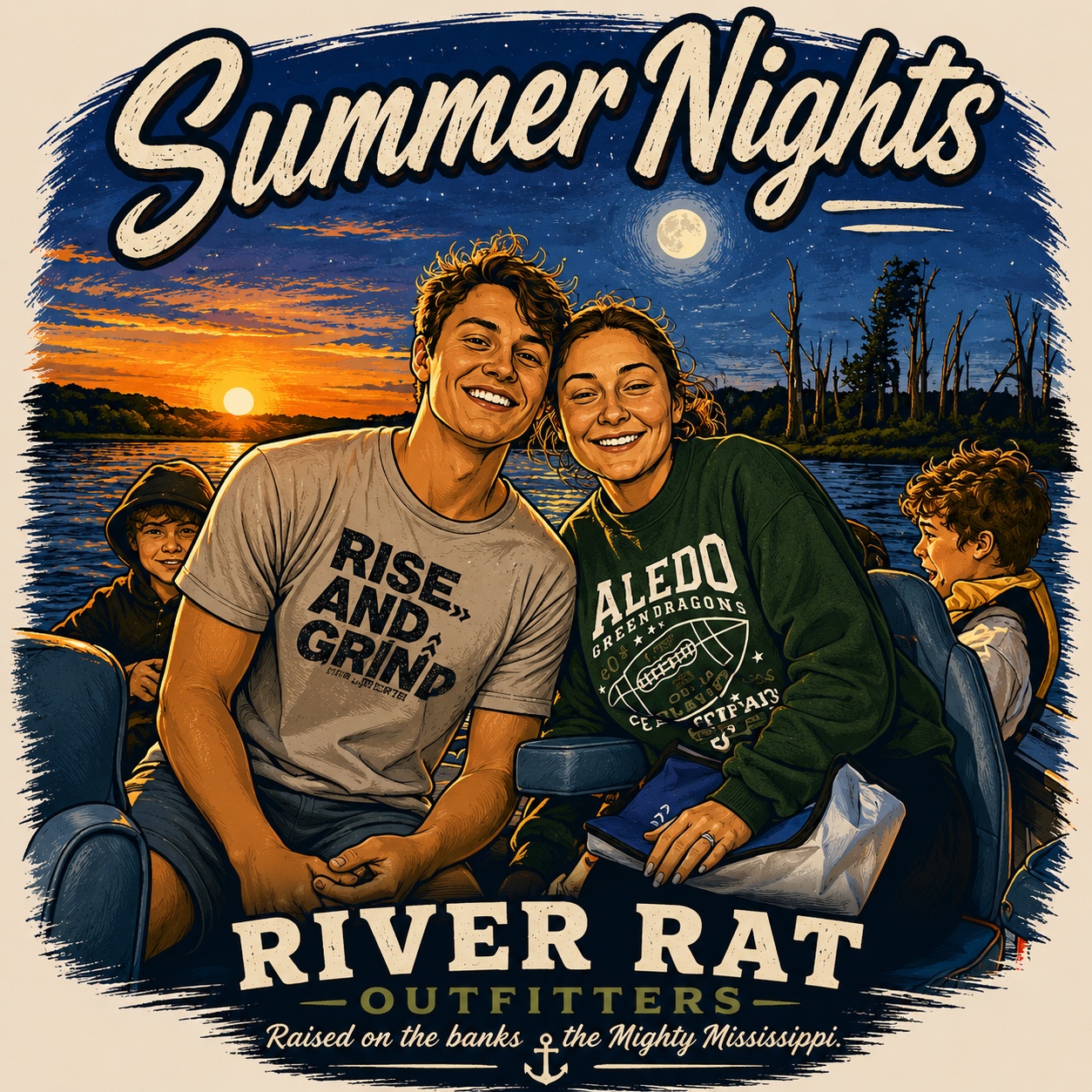 Finished Summer Nights River Rat Outfitters artwork created from the boat photo